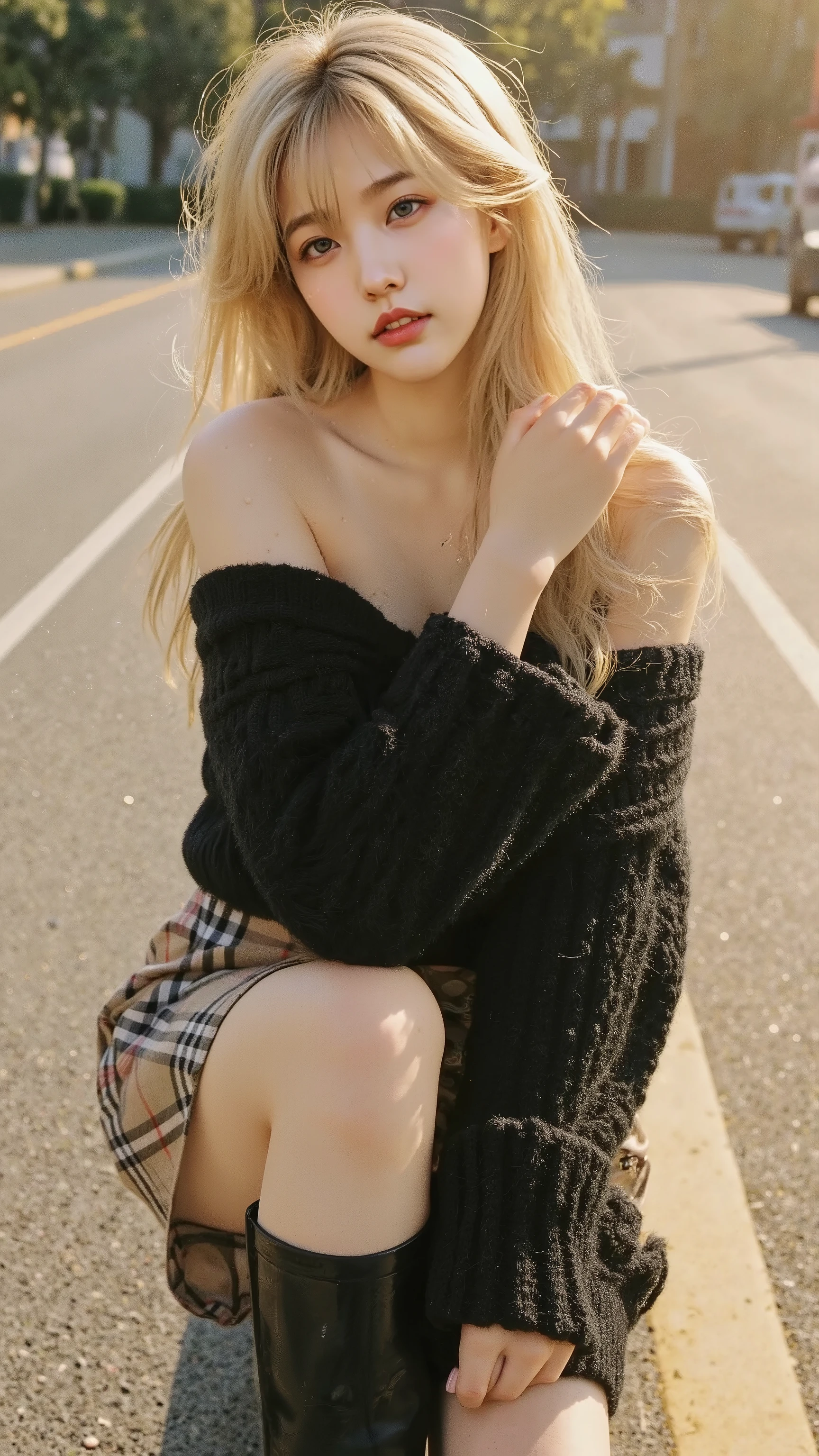 wonderful beauty , blonde shiny silky hair, Lagherata ( Lagherata of Viking ) , charming eyes , excellent body proportions, black wide open shoulderless crop top oversized knit fluffy girlish sweater, Burberry check flared skirt, black thigh-length boots, iridescent with sparkling water drops reflecting the sun on the background, ultra-detailed, Absolute Resolution, masterpiece