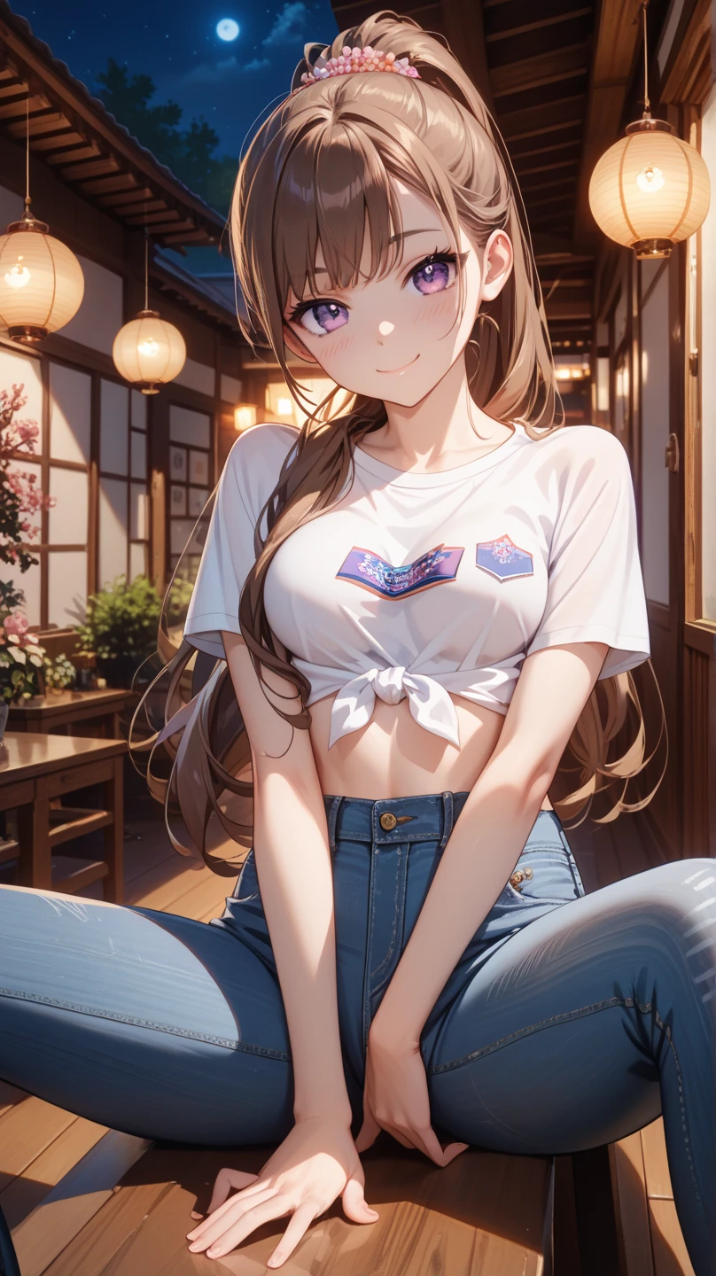 a sun ayuuki, a sun a yuuki, Long Hair, Brown Hair, (Brown eyes:1.8), ponytail,Sweat,濡れて透けたTank top,Tank top,Belly button,happy smile, smile, Open your mouth,Shorts,barefoot,Sitting on the sofa,Holding an ice cream in one hand,noon,Clear skies,
Break indoors,room,
壊す looking at viewer,Systemic
break (masterpiece:1.2), Highest quality, High resolution, unity 8k wallpaper, (shape:0.8), (Fine and beautiful eyes:1.6), Highly detailed face, Perfect lighting, Highly detailed CG, (Perfect hands, Perfect Anatomy),