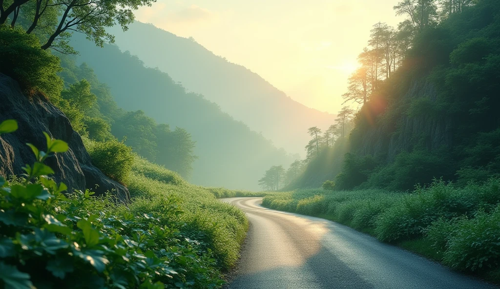 Dew-covered leaves along a quiet mountain road at dawn