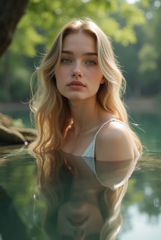 close up portrait of a cute woman (gldot) bathing in a river, reeds, (backlighting), realistic, masterpiece, highest quality, lens flare, shade, bloom, [[chromatic aberration]], by Jeremy Lipking, by Antonio J. Manzanedo, digital painting, blonde hair, green eyes