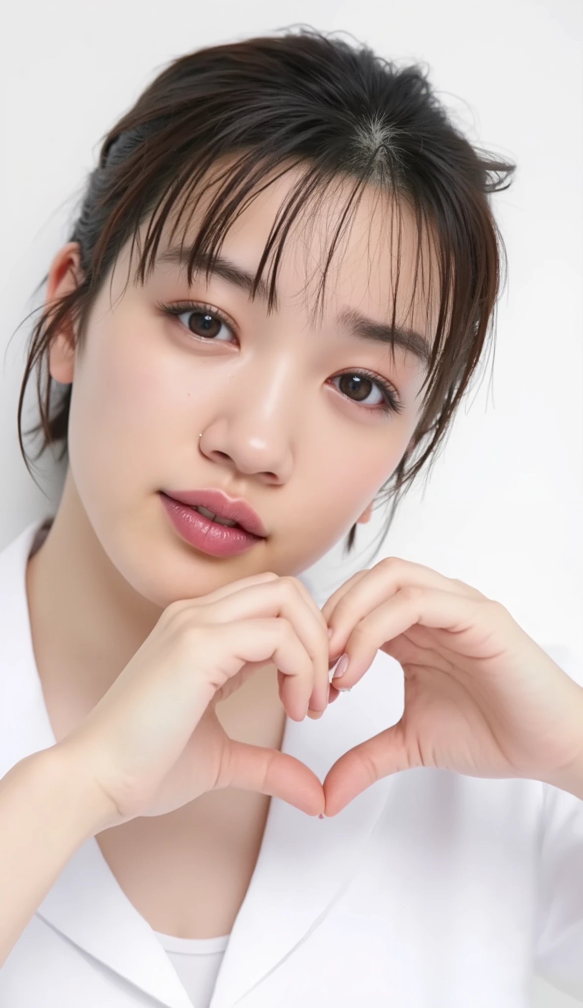 smile making a heart shape with hands:2.0、Tilt her face slightly to the right ;2.1 (Ultra-precise human anatomy , Highest Quality、RAW Photo、8k、32K、masterpiece、realistic、photorealistic:1.37)、images of cute Japanese women removing items from shelves、tank top for zazen meditation、shot in natural light、 upper body、1 girl on break day、photo mapping、 Physically Based Rendering 、excellent image quality、high resolution、1080P、(beautiful face above the castle gate)、(detailed description of the face)、( Detailed description of the hand setter'Muscle area)、( CG in detail)、 rich details 、(AMAZING FEATURES:1.35)、(detailed eyes)、Looking forward to your eyes、Delicate clavicle、various poses、非常にリアルで詳細な若い女性の upper bodyポートレート。The skin is beautiful、 Soft light is reflected high on the cheeks .、 Tiny pores and hair follicles、 You can see even the thinnest blood vessels 。The skin is smooth、natural flushing of cheeks 、 gives off a healthy glow 。eyes are big, clear blue、Her iris has fine patterning、 Light is reflecting and shining in the eye。 I have a slight shadow under my eyes 、 eyelashes are long and naturally curled。Her lips are a soft pink color、Smooth texture with a natural glow、 Slightly reflects light。 women wear simple white tops.、 background is pale black and white gradation .、焦点は完全に顔と upper bodyに当たっている。realistic shadows and textures、picture-like depiction.。
