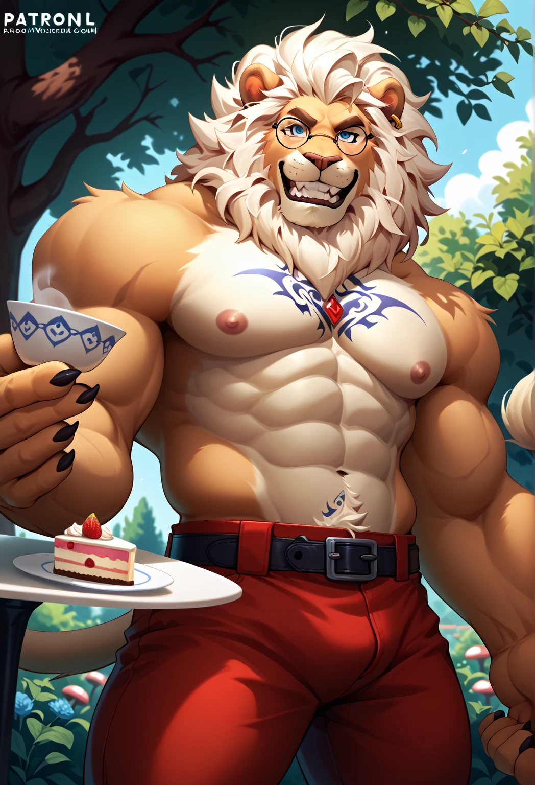 (by narse, by null-ghost, by darkgem, by personalami) older male,old chubby lion, glasses,(Brown fur:1.2),(dark blue long hair:1.4),(facial hair:1.2),(hi res, best quality, high quality, detailed, shaded, shading, masterpiece:1.2), detailed eyes, detailed clothing, smirk, seductive smile, hairy chest, lying in sofa, indoors, night,(red hearts pattern oversized white loose_boxers:1.6), (shirtless), (hairy armpits, hairy chest and belly, happy trail body hair), (red striped necktie removed:1.3),(posing),full body,(lion tail), legs spread, low camera angle