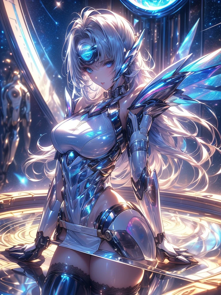 fantasy A girl and dynamic glow reflecting on face long hairs (illusion) (bioluminescent transparent(((opal knight girl))) ((very long hair)), featuring a (((black silhouette))), intricate details and opal glowing outlines that give off a (((softly glowing opal blue))), evoking a sense of mystery and fantasy (((8k, Ultra high definition, Intricate details, hyper realistic))) photo realistic, ((white background))