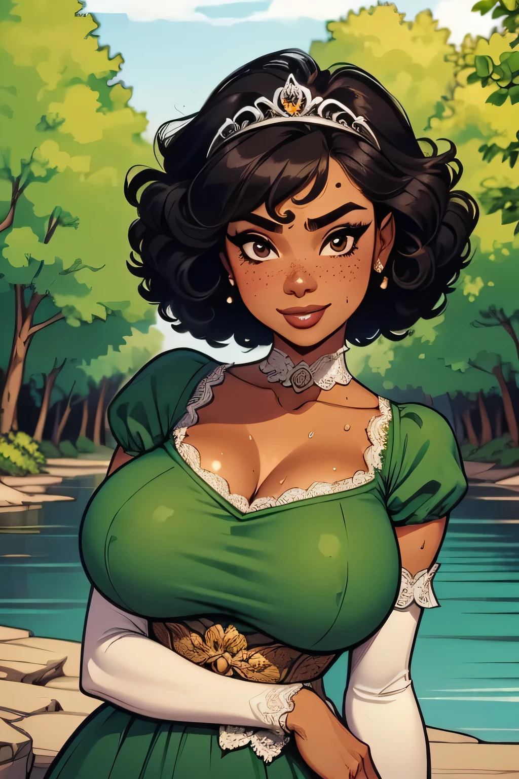 ( Absurdo, hd , Ultra detailed, be careful with your hand ) Close-up view of a thin and athletic woman, 25 anos, 8k (( high definition )), Beautiful Smile, look seductive, brown eyes sweater, wearing a long forest green dress with a high waist (( with lace V-neck , tiara, puffy short sleeves )), thin waist, arms at the sides of the body, ebony skin , black hair (( short and curly )), She is out in the woods (( upper body )), with freckles on the neck and breasts , (( big breasts, sweaty and round, suaves )), (( Well defined collarbone)). Marvel style (( hq )), dense forest and river in the background.