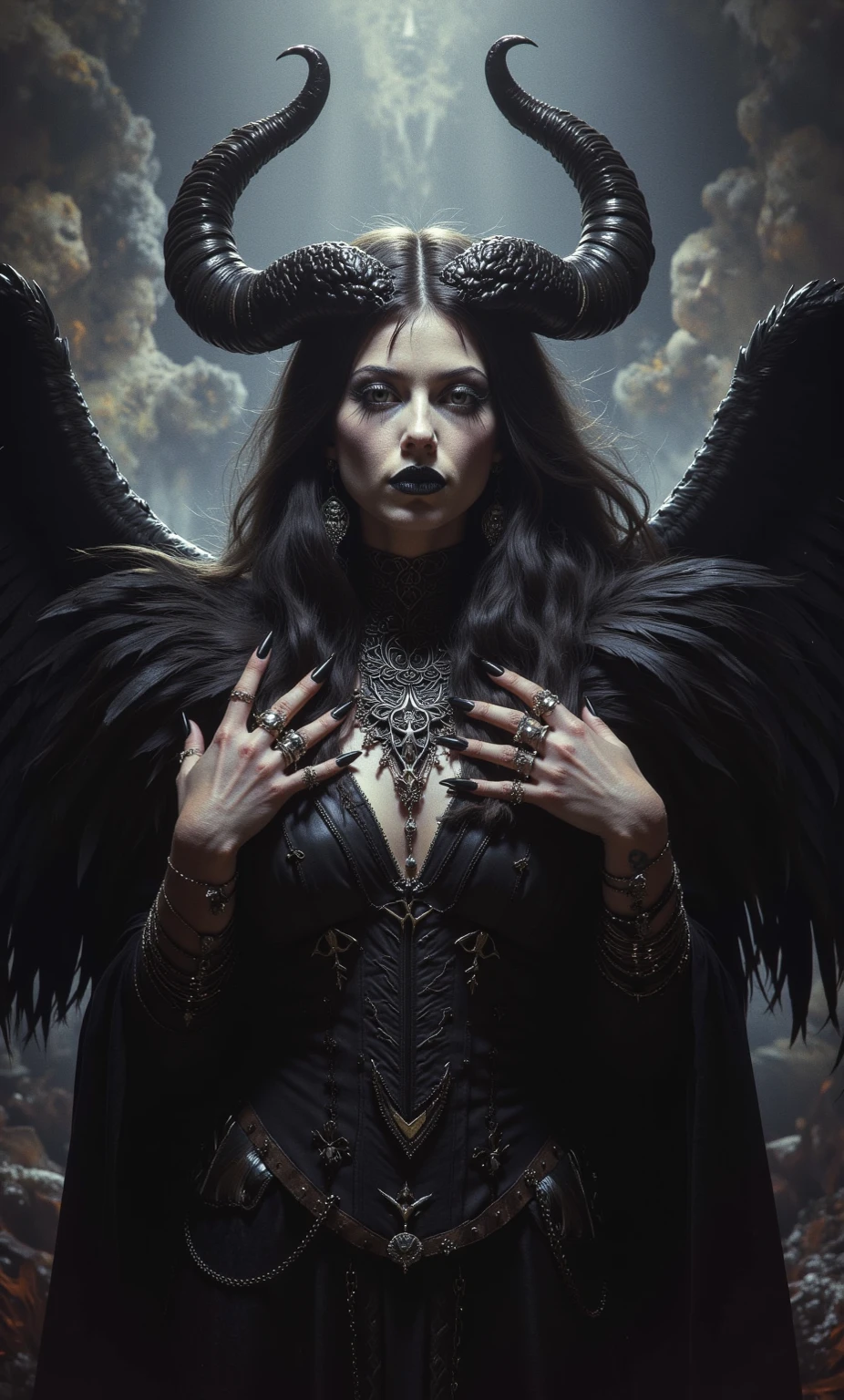 1. General Characteristics Central Figure: A female figure with a dominant and powerful presence, showing demonic characteristics.
facial expression: Expression of intensity, with a penetrating gaze that evokes the abyss and oblivion.
2. Body Details Skin: Dark or grayish color, with shades that suggest nothingness and emptiness. The skin may have a texture that appears to disintegrate in some places., symbolizing oblivion.
eyes: eyes profundos y vacíos, perhaps with pupils in the shape of the letters Ain (p) y MEM (from), representing emptiness and transformation.
horns: horns estilizados, which could form a kind of sigil in their shape or resemble the Teth letters (ninth) and Schin (that), symbolizing violence and chaos.
3. Clothing and Accessories Clothes: Dark and torn clothes, Possibly with details in the Hebrew letters as ornaments. The clothing may have elements of chains or thorns suggesting restriction and pain..
Alas: Large dark wings, torn, evoking transformation and chaos. They could be decorated with sigils and letters.
4. Symbolic Elements Secrecy: The sigil designed with Aleph (A), MEM (from), Yod (J), Lamed (to) the Nipple (ninth) It could be tattooed on your skin or on your bottom, representing the key and the door.
Invocation Phrase: Fragments of the invocatory phrase written on clothing or the environment, as a mantra of power.
around: The background may show a dark and desolate landscape, with elements that suggest the abyss and emptiness.
5. Expression and Posture Posture: A dominant and challenging posture, perhaps in a position of summoning or control, to show his dominion over the abyss and death.
hands: Hands could be raised, holding a symbolic object such as a key or a broken glass, to emphasize the act of rupture and transformation.
Generated Image If you need a real graphical display, Here I offer you a guide for a graphic artist:
Draw the Female Figure:
Sinister