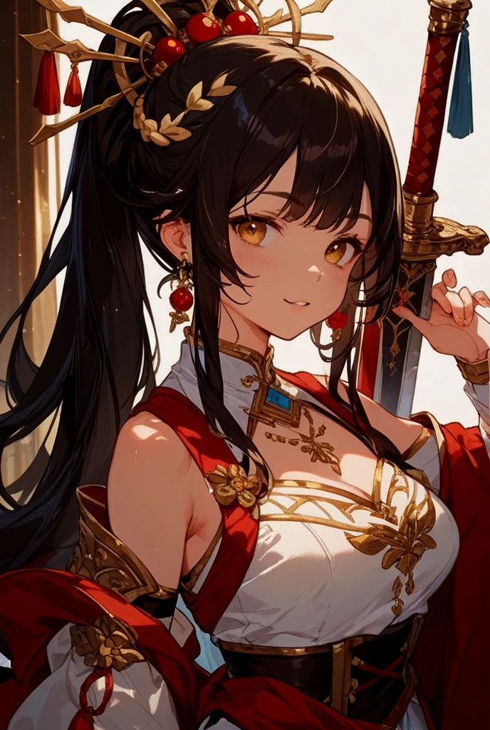 Masterpiece, Top Quality, One Girl, Solo, Arafi girl in red dress, Korean pole arm adorned on back, Unreal Engine render + Goddess incarnate, Korean MMO, Inspired by Lam Qua, Bewitching look 16K, Female character, Smiling girl character,. Warrior costume, Inspired by Li Mei-shu, 16K detail fantasy, 16K character detail
