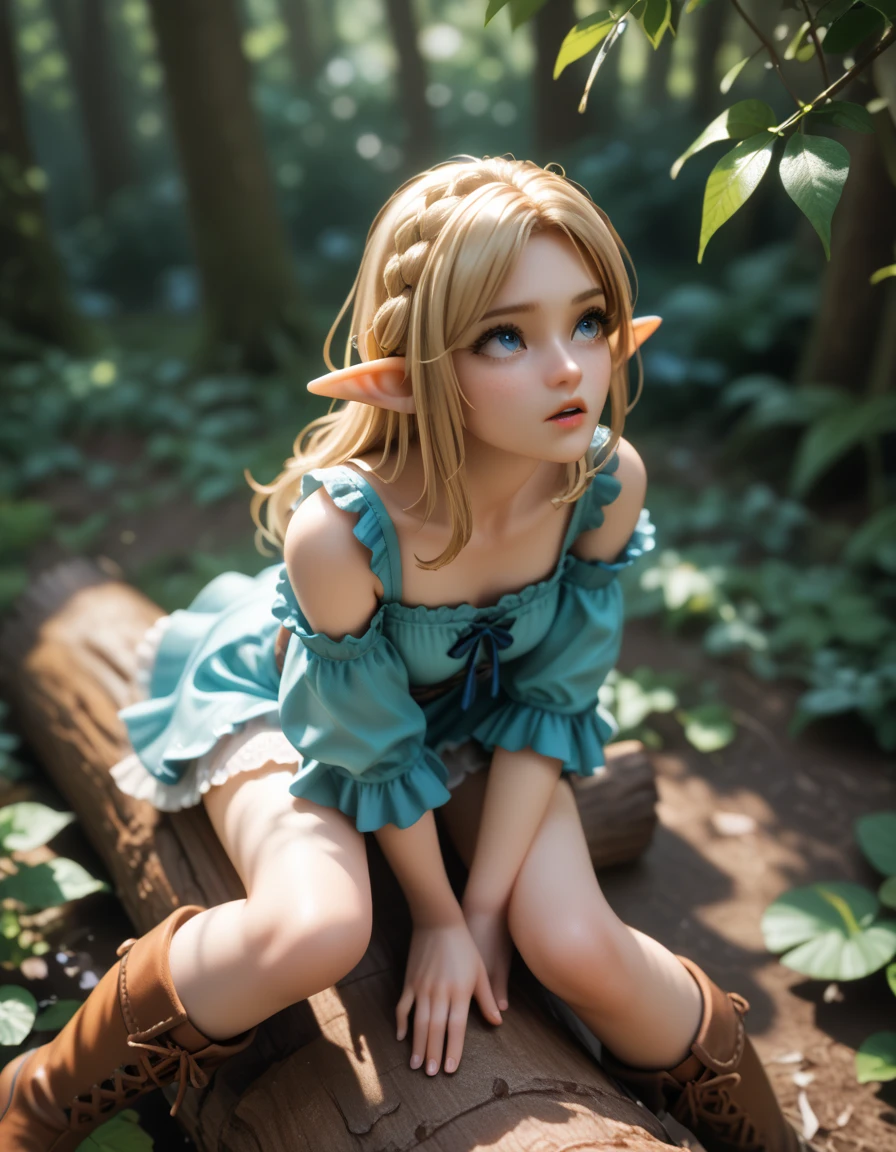 (masterpiece, best quality:1.4), (8K), Young blonde beauty, (((18 years old, solo, neat girl))), detailed blue eyes, long eyelashes, blush, kind smile, horny, upper body, topless, small ass, slender thin legs, vagina, (looking at viewer) (close up), beautiful blonde short hair, white-skinned, straight bangs, pigtails, groping (tiny breasts), (mushroom forest, celestial forest, beautiful and magnificent pink sunshine, majestic sky), natural light