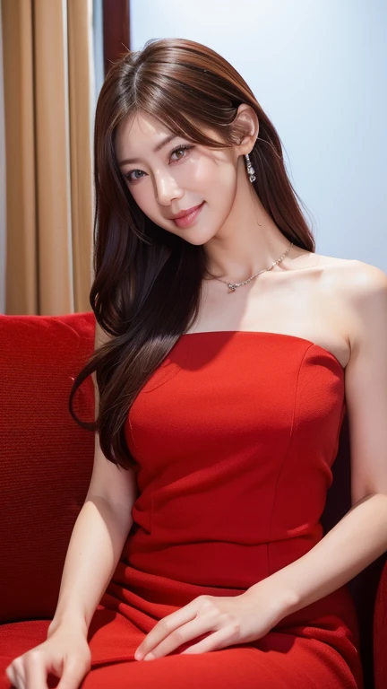 An arafi woman wearing a red dress holding a wallet and smiling, gorgeous chinese model, Photographed with Canon EOS R6, wearing red cheongsam, Yoshitomo Nara, Shahi, Summer all over the body, Photographed with Canon EOS 5D mark iv, Photographed with Canon EOS 5D, Photographed with Nikon Z9、Super detailed, 1 girl, Asian, slim athletic body, realistic skin texture, long hair, (chest:1.0), smile, look at the audience, One Piece Tight Dress, Velvet dress, movie lighting, face focus, fine eyes, detailed face, Bright face, Sitting in a hotel room