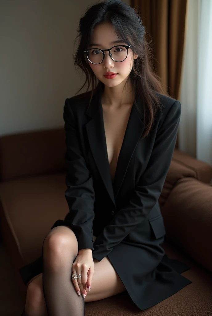 arafed woman in black lingerie sitting on a chair, a portrait inspired by Min Zhen, tumblr, shin hanga, with glasses, seductively looking in front, sexy look, very sexy outfit, elegant seducing pose, in suit with black glasses, sexy girl, 2 8 years old, gorgeous chinese model, sexy look at the camera, 2 9 years old