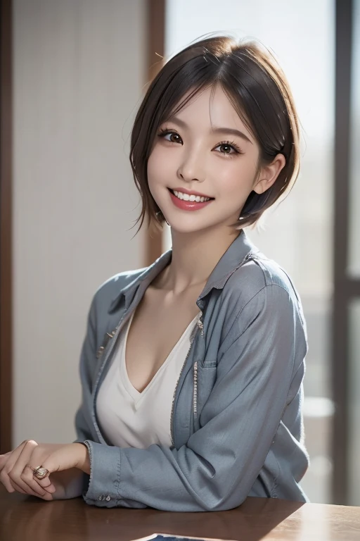 (highest quality, 8k, 32K, masterpiece), (Realistic), (Realistic:1.2), (High resolution), (night:1.7), Japan, cyber punk, 街の景Farbe, In front of the window,Wooden floor, Blue jacket, Grey Shirt, clavicle, jewelry, gem, Brunette Bob, 1 female, 4, (Grin), Beautiful body, beautifulNose, beautifulcharacter design, Perfect Eyes, perfectface, Expressive eyes, View your viewers, Center the image, (Cowboy Shot), Official Art, Very detailed CG Unity 8k wallpaper, Perfect lighting,Farbeful, bright_front_face_Lighting,Glowing Skin, (masterpiece:1.0),(Highest_quality:1.0), 超High resolution,4K,Very detailed, photograph, 8k, High resolution, High resolution, absurdes:1.2, Kodak Port 400, Film Grain, Blurred Background, bokeh:1.2, Lens flare, (Vibrant_Farbe:1.2) (beautiful,chest), (beautiful_face:1.5),(narrow_Waist)