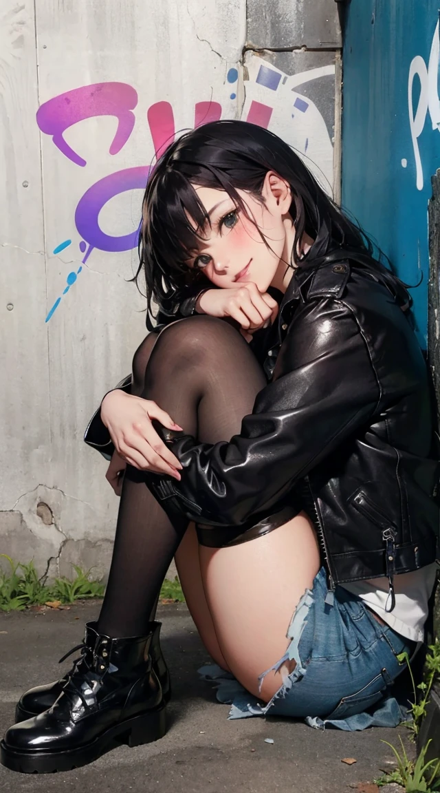 a woman with short black hair, hair on shoulders, wearing a black cropped and plaid skirt, black jacket, blue eyes, gothic art, cute aesthetic with vibe, toon aesthetic, wearing red costume, wearing gothic accessories, look like Cassie Hack, sitting on the ground