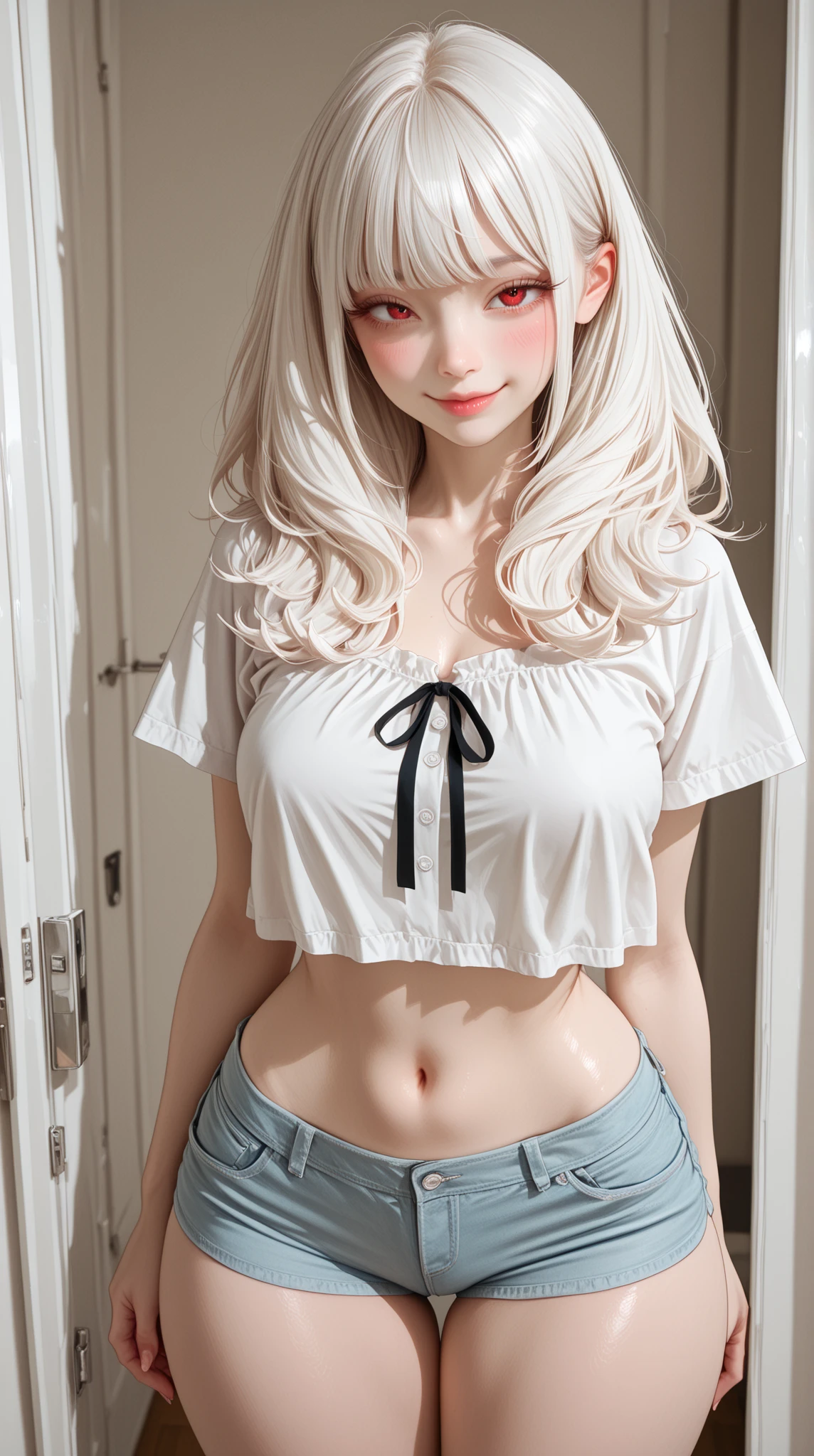 Realistic, High resolution, 1 girl, ((full body photo)), white wavy hair, Korean, heterochromic eyes, small moles under the eyes, loose white shirt, skinny denim shorts, medium bust, thighs, panties visible