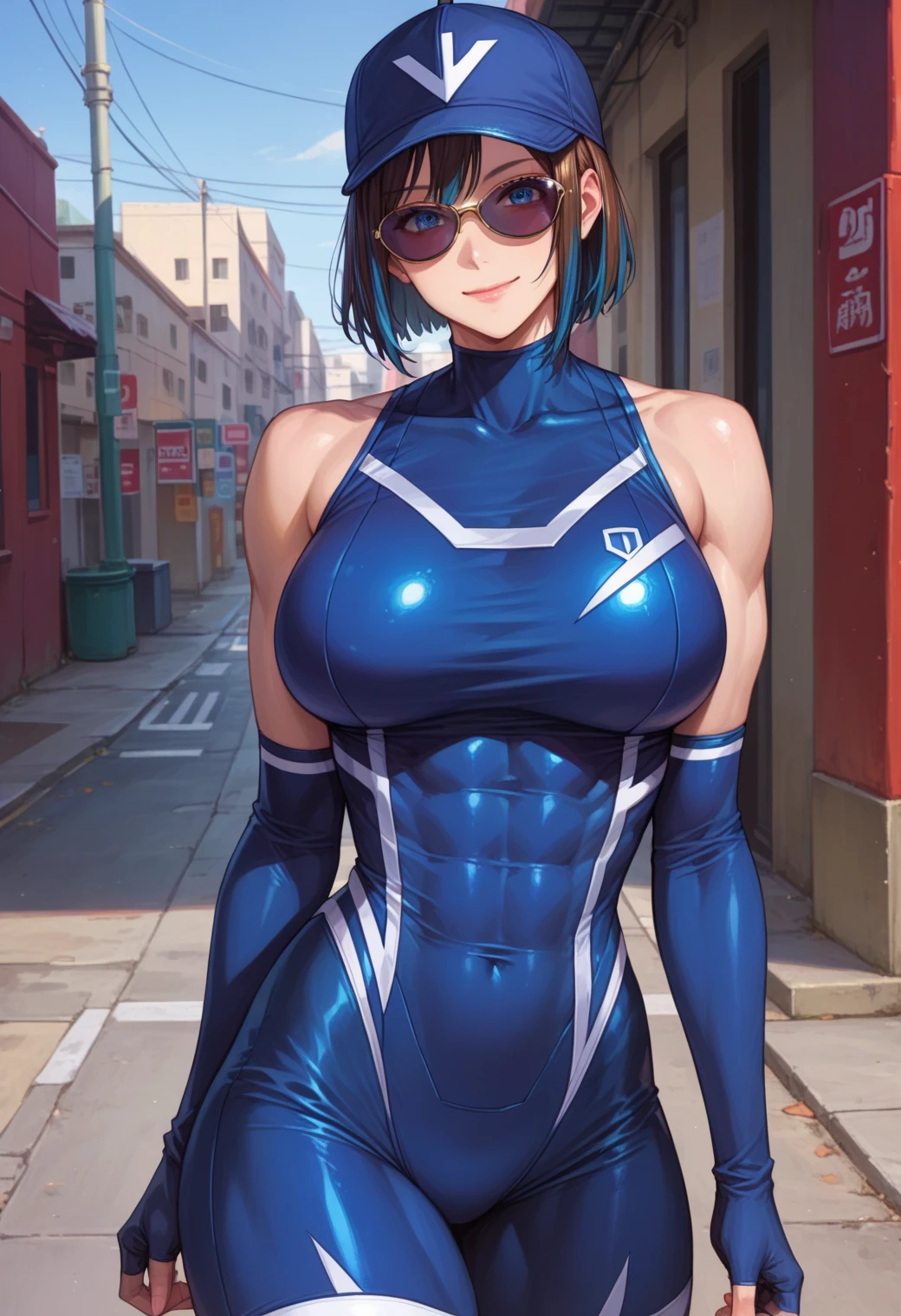 highest quality、Realistic、Women、zoom、Cobalt blue eyes、maroon short hair、Hero Suit、Glossy white bodysuit、Blue and silver accents、slender、Dark Skin、Glasses、Rooftop、An inappropriate smile、Bust Shot、