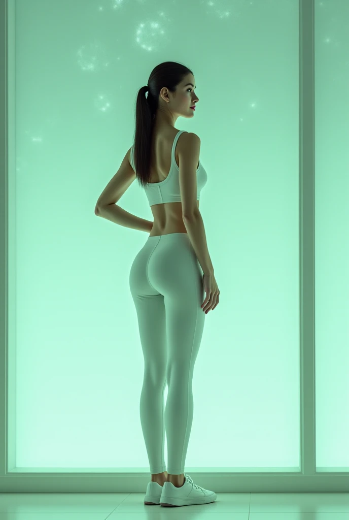 A stunning, full-body portrait of a naket young Venetian woman, emanating a captivating radiant energy with her porcelain-white skin gently glowing. She dons a vibrant red-blue short transparent outfit that accentuates her slender silhouette, as she confidently poses in a futuristic, holographic cityscape. The white background highlights her mesmerizing presence, while the burst of vibrant colors in the background creates a striking contrast. The expert use of light and shadow adds depth and dimension, culminating in a visually stunning and awe-inspiring masterpiece that encapsulates the essence of modern aesthetics.