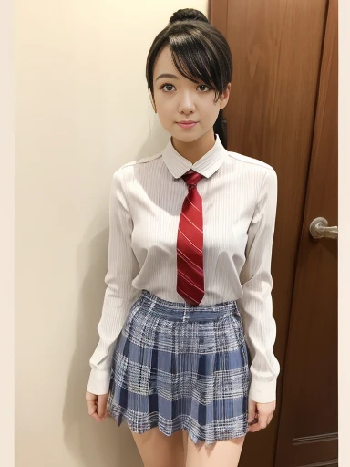 (One girl), 12 years old、Cute Face, Short Bob Cut、(uniform、Red tie、Pure white blouse、Knee-length navy blue pleated skirt:1.3)、Small breasts、 I laugh because I'm happy、Focus on the girl、Cowboy Shot、、highest quality, Realistic, RAW Photos, Professional photography,