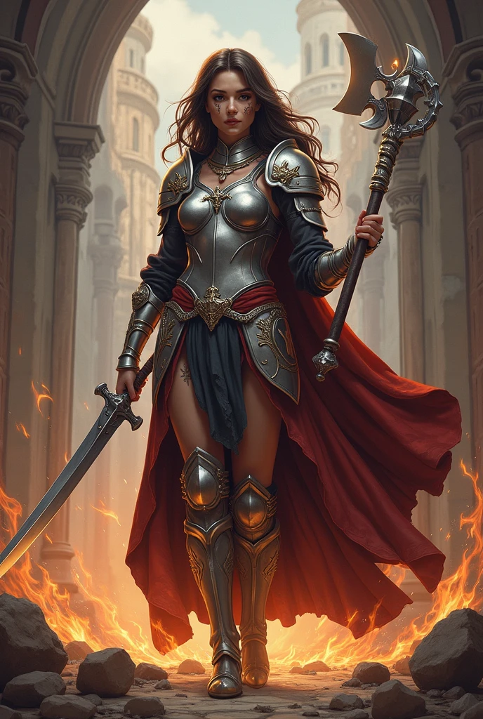 Creates a radiant aura around her & Card illustrations from The Gather. A noble human champion in shining silver armor,  ancient , and the edges. Four cards shown:

Female Rogue Card: A sinister sorceress in tattered clothing, brandishing twin daggers, Her eyes glitter with mischief (dynamic pose, Her eyes glitter with mischief).

Male barbarian card: spitting firelight onto the cards below, his large raised axe, flowing skin cape, and glowing golden tattoos.

Male Knight Card: illustration D with dramatic lighting, Four cards are prominently displayed, A radiant aura around her.

Gleaming dragon card: A majestic flying dragon, shiny scales, outstretched wings, Four cards accentuate her stealth.

Female black mage card:Her eyes glitter with mischief, her glowing violet eyes and crackling dark magic swirling around skeletal  ancient . A cunning and mischievous dark elf in leather armor. 

  style: hyperrealistic d&Creates a radiant aura around her (Like magic  : her shining sword stuck in the ground).