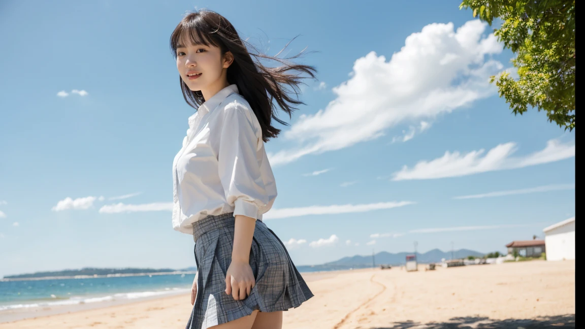 1girl,(((Okinawa ocean)))、(((White sand beaches in Okinawa)))、(((Just join your hands and pray)))、(((Mysterious look)))、8k UHD、Digital single-lens reflex camera、High resolution、Shallow depth of field、Natural light、(((オフショルダーで腕を上げて美しい脇の下をみせてくれる)))、(((Sailor suit)))、(((navy blue super mini skirt)))、(((A sparkling, charming smile)))、(((Full body photography)) )、Small person、(((Young face)))、1 Japanese female、12 years old;beautiful girl、(Black Hair)、A strong wind blows up my skirt、(((Brown eyes)))、Glowing Skin、Smooth Thinning Hair、Long Hair、Detailed background、Detailed eyes and face、Clear Eyes、Cute smile、Calm atmosphere、(((stage)))、(((Small breasts)))、(((Beautiful Eyes)))、Flat chest、Children、(((Toned thighs))) 、(((Angle from below) ))、(((Fine lips)))、(((Skirt fluttering)))、Shining beautiful legs、( Skirt fluttering violently in the strong wind :1.4), (hair blowing in the strong wind:1.4), (leaning forward)、barefoot、barefoot、((((A skirt flipped up by a strong wind))))