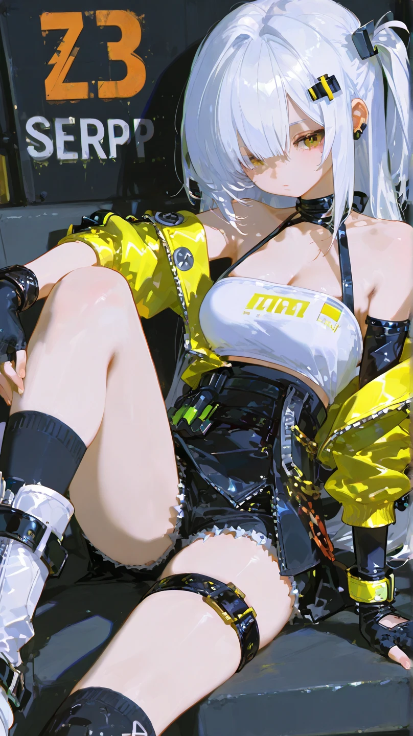 Slender woman in cool beauty style. Female Solo. Her yellow hair is partially accented with black. big headphone. A look of bewilderment.Stretch your tongue.she has short hair. Blunt bangs. Two cords extending from the headphones. Medium bust. Yellow and black leotard. The tattoo. Sharp eyes.Open legs to emphasize crotch. chastity belt.