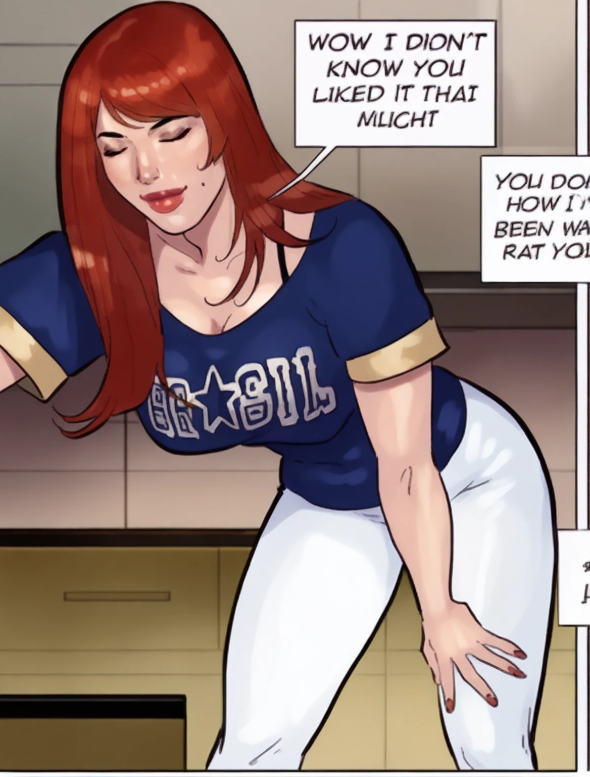 two shot panel, Curvy Black woman with Afro, lifting up white shirt to show her white high cut panties, speech bubble saying "Hey, look over here, for a second...", mouth open to talk, anime art style, intricate details