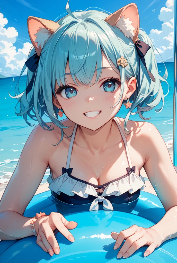 (masterpiece), (best quality), (ultra detailed),(disheveled hair),(illustration), (1girl), (Fashionable clothing), standing, Fashion model, looking at viewer, (interview), (simple background),beautiful detailed eyes, delicate beautiful face, Floating,(high saturation),(colorful splashes),colorful bubble,(shining), focus on face, ponytail, kamisato ayaka, light blue hair, bangs, hair ring, floating flowers, floating hairs, (shining), best lighting, best shadow,masterpiece, top quality, best quality, swimsuit party, in the water,fish,watermelon,cute style, perfect structure, summer theme