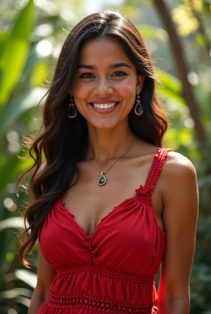Half-length glamour portrait, nikon D850, f1.6 lens, 200mm, DSLR, 22 Megapixels, (((Luxurious garden scene))), shot of a stunning 20 years old portuguese girl, (smile:1.4), (wearing Dark red Two-piece velvet set with Celadon crop top and skirt:1.6), ((seductive pose)), hot girl, (((big natural breasts))), (((brown ponytail hair))), (small girl), symmetrical face, photorealistic, photography, (bright natural lighting), gorgeous, deep cleavage, (masterpiece), best quality, high resolution, extremely detailed, cinematic lighting, (((very narrow waist))), rich colors, hyper realistic, lifelike texture, ((jewelry)), (((She has beautiful hands and wears rings))), (bracelet), (necklace), (ankle chain), (nail polish) (earrings), Fuji Superia 200, 8k