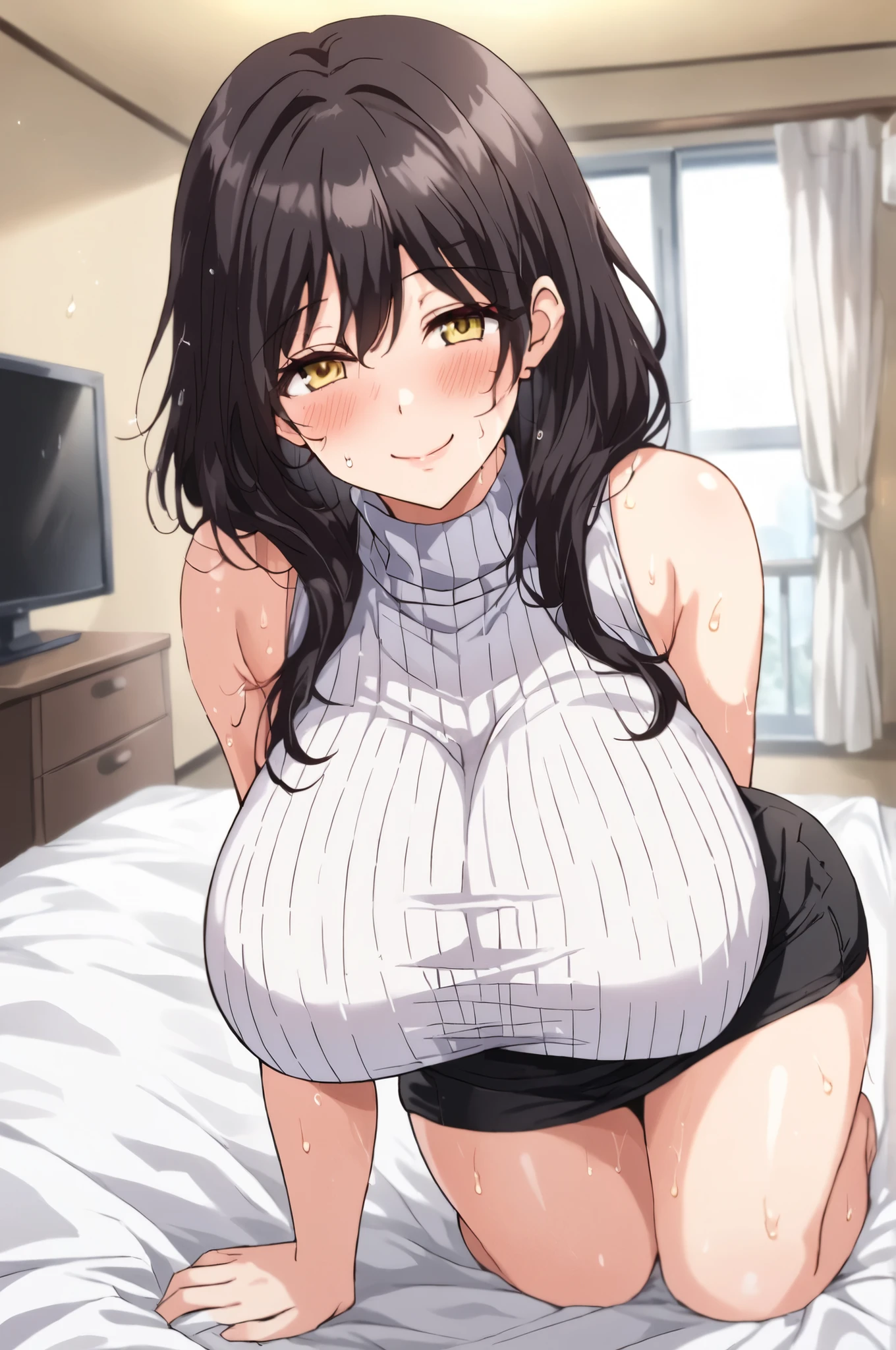 masterpiece, 4k, detailed, clarity, anime_source, source_anime, Best background, detailed background, anime, Sera's mother, short skirts, blush, clothed woman, mature female, collector, dark hair, Alone , detalntal amarillo, ribbed sweater, smile, sweater, turtleneck, horny, big breasts, caderas anchas, big legs, big butt, trasero regordete, Milf, hentai, ecchi, breasts, sexy, dynamic angle, shy expression, shiny skin, sweat,  is in bed, visible panties,
