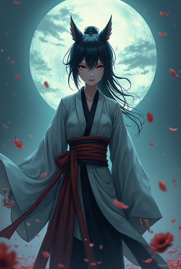 warrior、ponytail、Black Hair、Calm face、nice、moonlight、full moon、Blue kimono、bamboo forest、One Woman、Glowing Eyes、Cold Eye Light、Ruthless、Cruel、Blood splatter、Blood splatter、Red Eye、赤くGlowing Eyes、Lots of blood、Front view、whole body