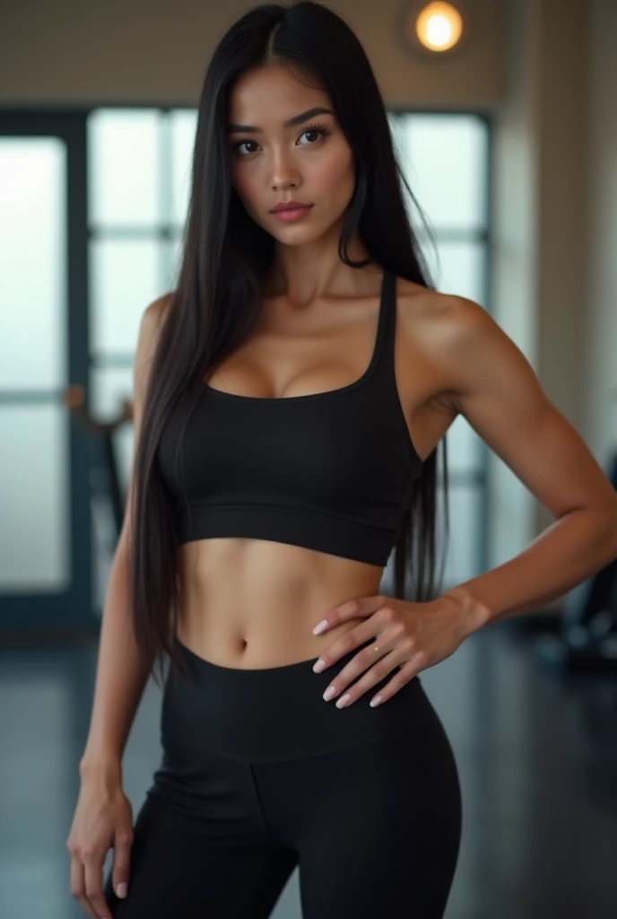 big breasts, black hair, Hefty body, sportswear, In the background you should see a gym 