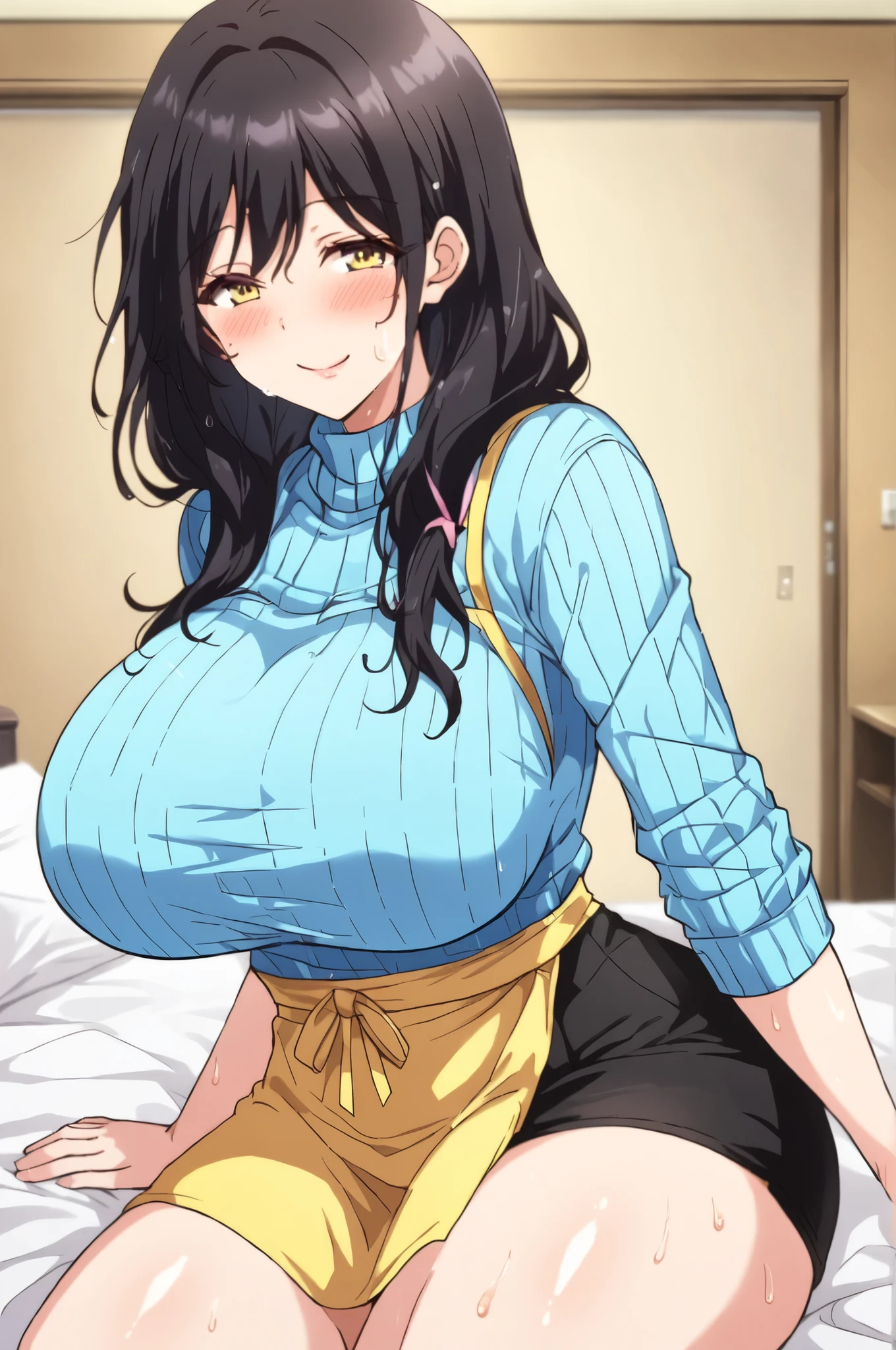 masterpiece, 4k, detailed, clarity, mature woman, Sera's Mother, anime_source, source_anime, Best background, detailed background, anime, Sera's mother, short skirts, blush, clothed woman, mature female, collector, dark hair, Alone , yellow apron, ribbed sweater, smile, sweater, turtleneck, horny, big breasts, caderas anchas, big legs, big butt, trasero regordete, Milf, hentai, ecchi, breasts, sexy, dynamic angle, shy expression, shiny skin, sweat, is in bed, visible panties,