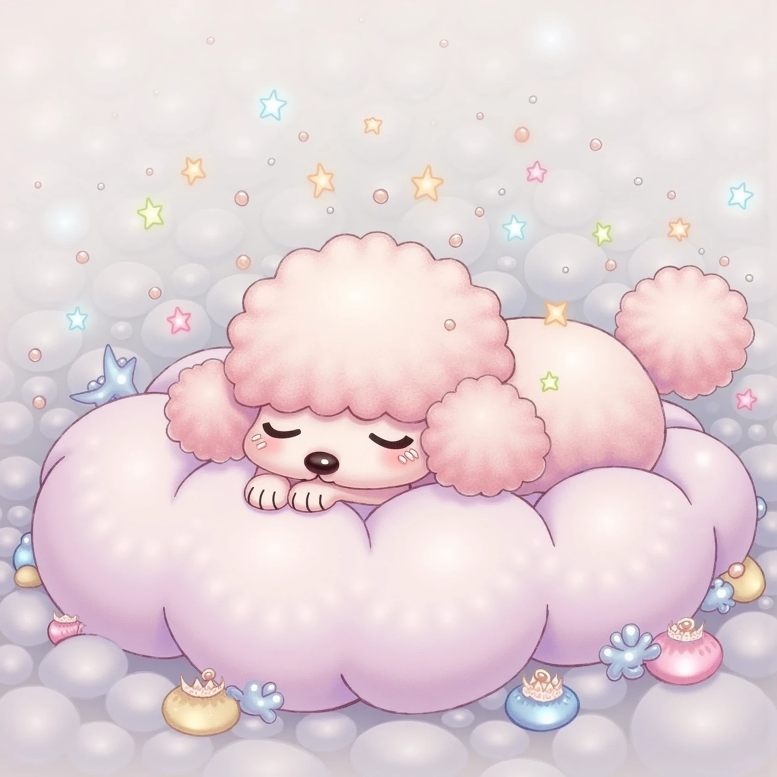 On a fluffy cloud、Toy poodle with fur like cotton candy、Fantasy、メルヘンFantasy、Gentle colors、Rainbow Sparkles、Highest Quality、high image quality、masterpiece