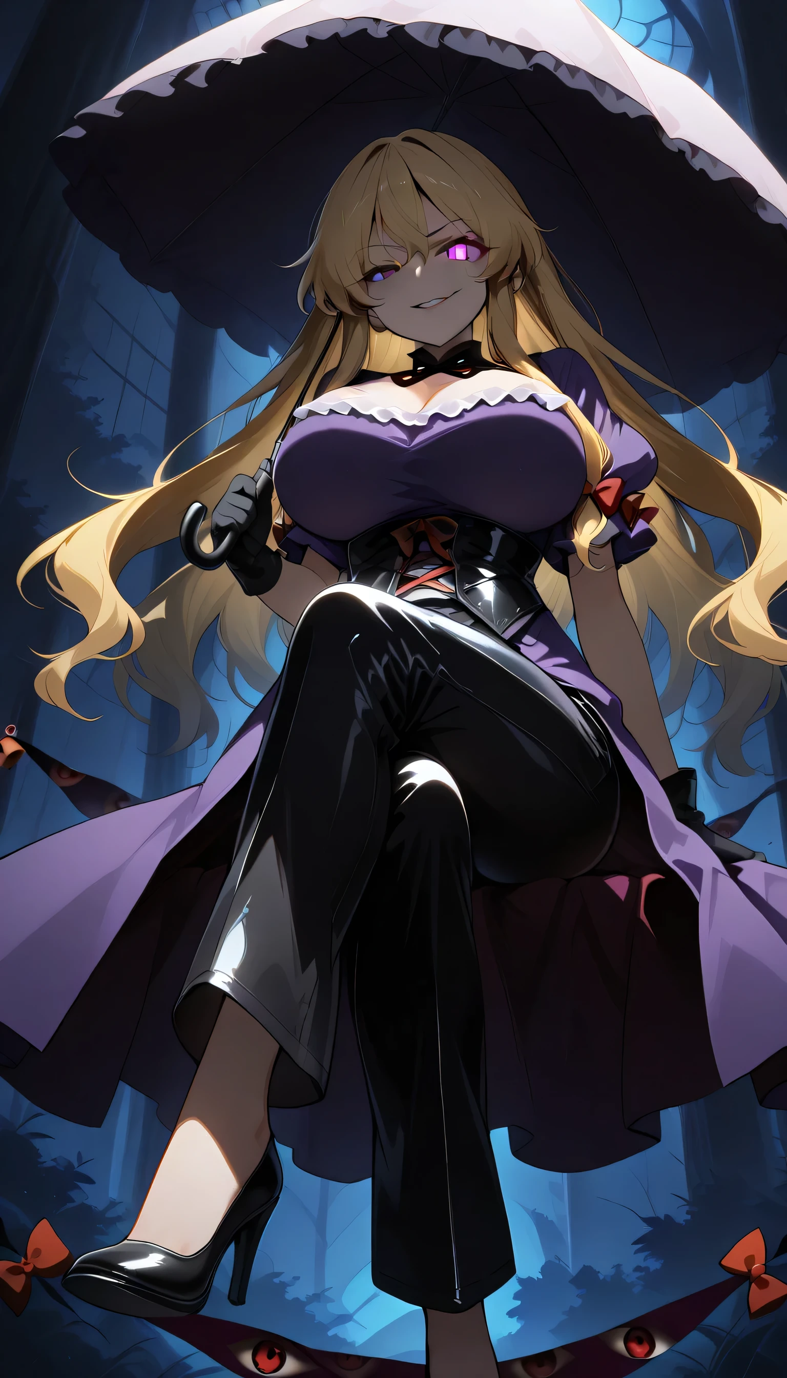 ,Give your images flat even illumination (negative) or dramatic chiaroscuro lighting (positive). Huge breast, glowing eyes,,Front view,1girl, gap_(touhou), blonde_hair, solo, bug, green_eyes, long_hair, butterfly, gloves, pants, umbrella, breasts, black_pants, black_gloves, fur_trim, looking_at_viewer, , high_heels, smile, watson_cross, crossed_legs, standing, leather_pants,keep an eye on everything around,gap \(touhou\),THYukari, long blonde hair, Purple eyes,Pure eye background, evil smile ,Close-up view,
