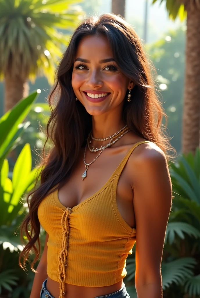 Half-length glamour portrait, nikon D850, f1.6 lens, 200mm, DSLR, 22 Megapixels, (((Mediterranean-style villa with azure blue swimming pool scene))), shot of a stunning 20 years old portuguese girl, (smile:1.4), (wearing Orange pleated skirt with burgundy silk blouse:1.6), ((seductive pose)), hot girl, (((big natural breasts))), (((brown ponytail hair))), (small girl), symmetrical face, photorealistic, photography, (bright natural lighting), gorgeous, deep cleavage, (masterpiece), best quality, high resolution, extremely detailed, cinematic lighting, (((very narrow waist))), rich colors, hyper realistic, lifelike texture, ((jewelry)), (((She has beautiful hands and wears rings))), (bracelet), (necklace), (ankle chain), (nail polish) (earrings), Fuji Superia 200, 8k
