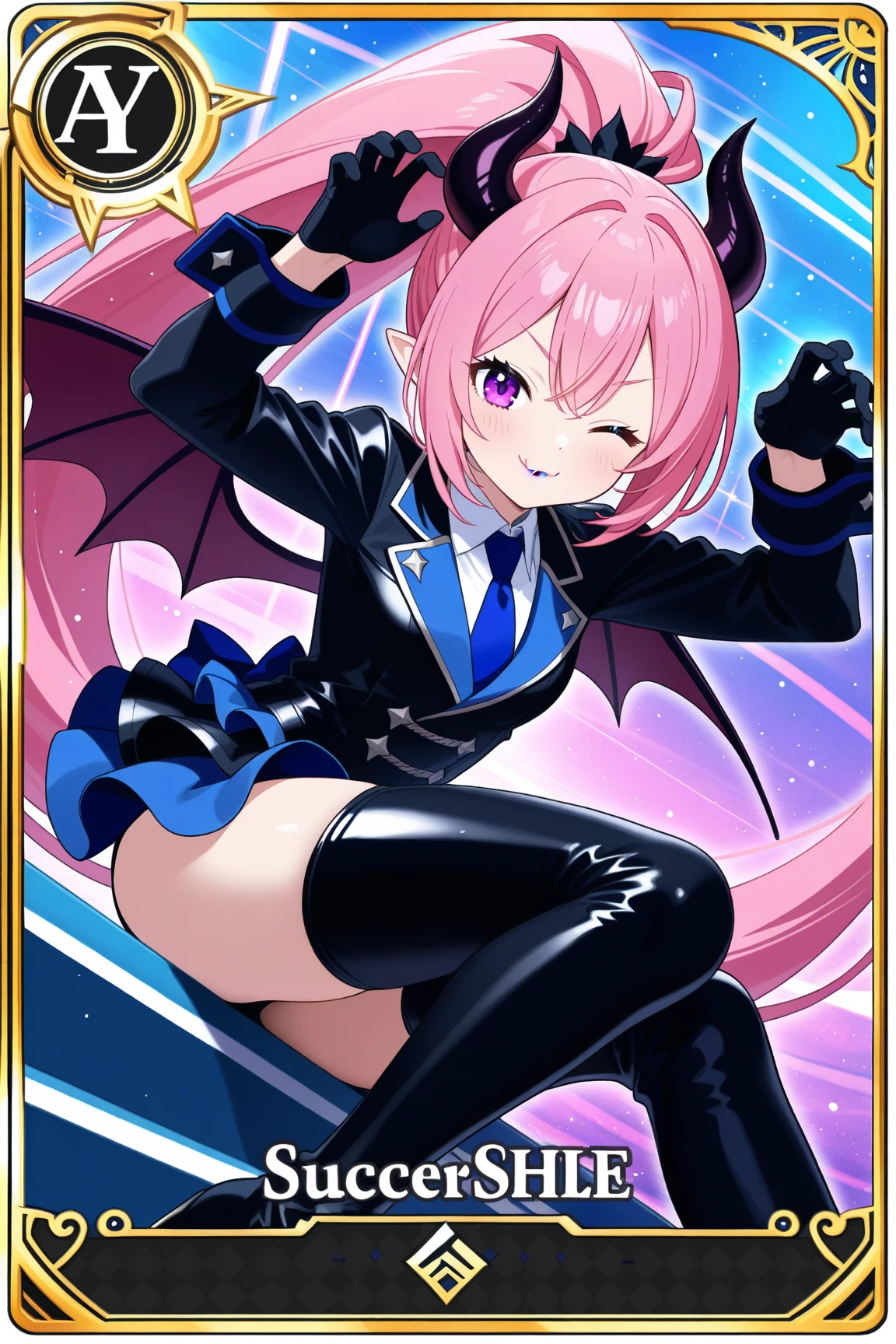 cure flora, 1 girl, blonde hair, black hair ornament, (gothic lolita:1.3), black long skirt, black tiara, wrist cuffs, black gloves, (black gothic dress:1.3), low bat wings, black fur, ribbon, blush cheeks, black enamel boots, corruption, half-closed eyes, Jewelry, no pupils, (evil smile), (shiny fabric:1.5), open mouth, dark magical girl