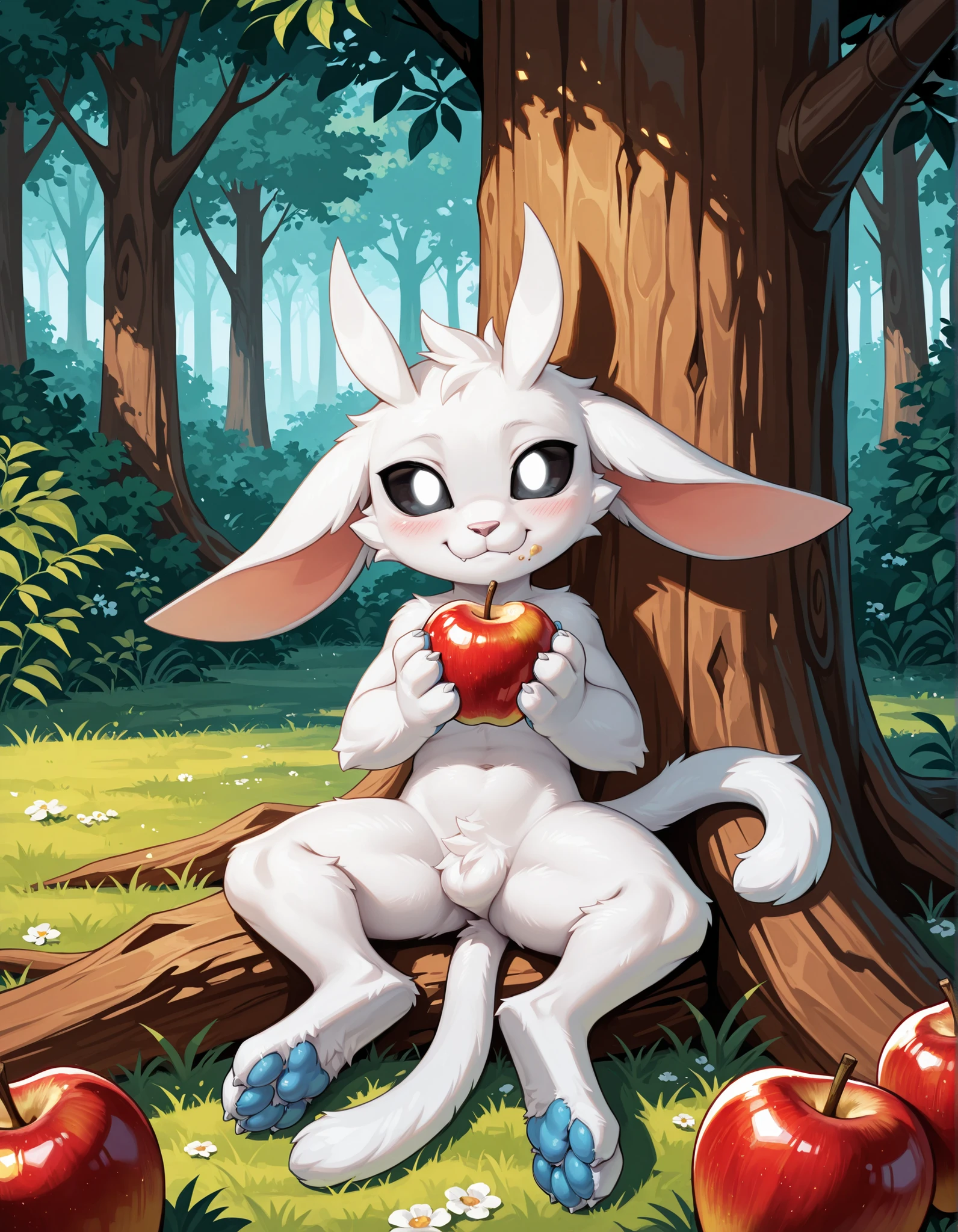 masterpiece, best quality, highres, very aesthetic, absurdres, newest, 1boy, solo, male, furry, ori_il, ori, tail, black sclera, white eyes, paws, feral, chibi, food, apple, solo, blush, male focus, furry, eating, sitting, looking at viewer, holding, furry male, tree, 1boy, holding food, outdoors, pawpads, food on face, :3, closed mouth, body fur, tail, under tree, smile, plant, animal nose, happy, holding apple, white fur, blue pawpads