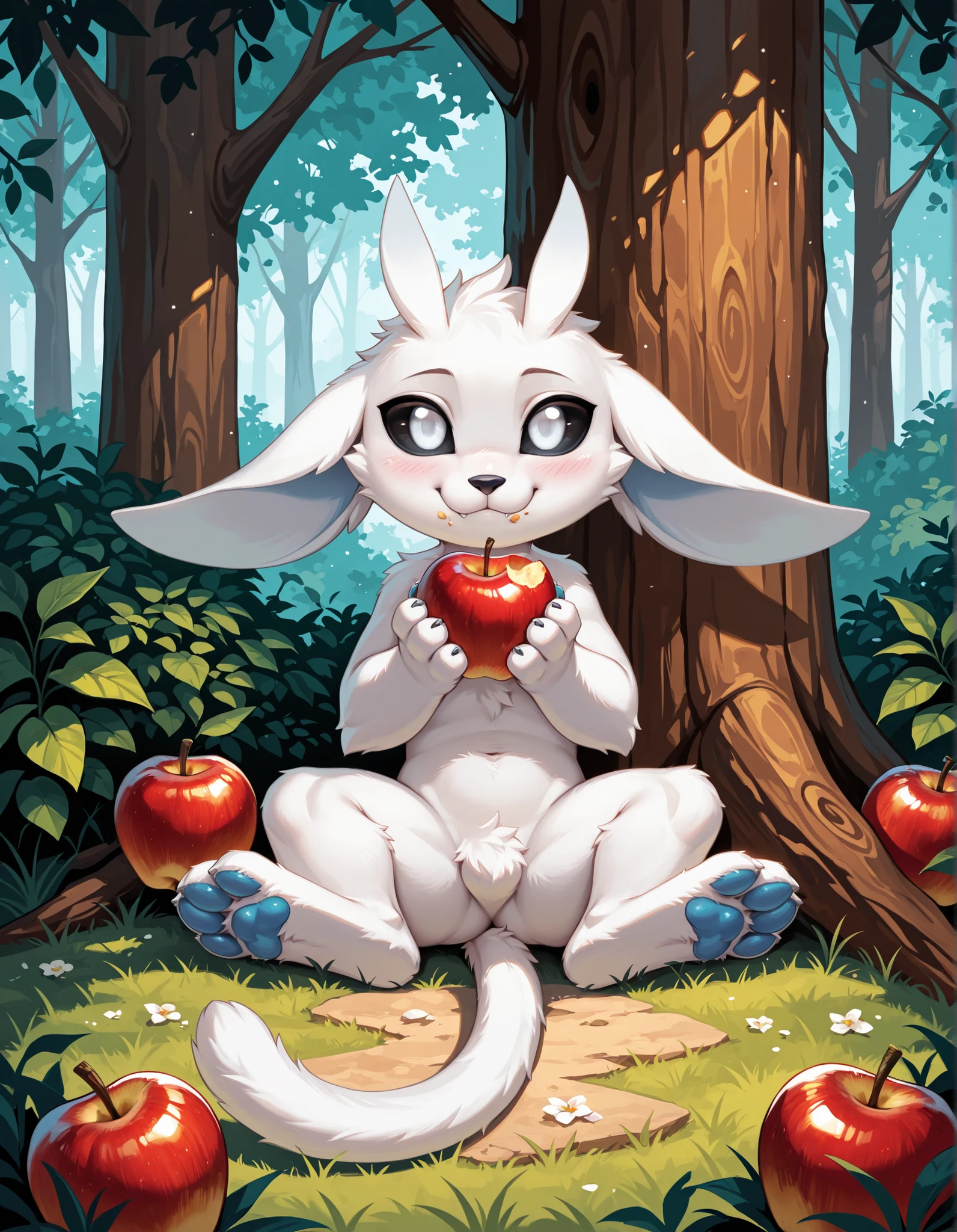 masterpiece, best quality, highres, very aesthetic, absurdres, newest, 1boy, solo, male, furry, ori_il, ori, tail, black sclera, white eyes, paws, feral, chibi, food, apple, solo, blush, male focus, furry, eating, sitting, looking at viewer, holding, furry male, tree, 1boy, holding food, outdoors, pawpads, food on face, :3, closed mouth, body fur, tail, under tree, smile, plant, animal nose, happy, holding apple, white fur, blue pawpads
