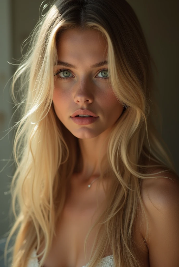 half body portrait photo of a beautiful 25 years european woman, endless long (extra long wavy blonde hair), [[[[chest]]]] [[[[neck]]] [shoulders]]]]], Award - winning photograph, Masterpiece, 8k, ultra high res, hyper detailed, beautiful woman, perfect face, rule of thirds, Perfect eyes, Perfect iris, perfect pupils, (perfectly round iris:1.3), Perfect lips, Perfect teeth, dimples, perfect nose, highly detailed hair, ((detailed face)), ((detailed facial features)), (finely detailed skin), tanned skin, realistic skin texture, extreme skin details, (pores:0.1),(sweaty:0.8), insane details, intricate details, amazing fine detail, photorealistic, photograph, realistic, realism, photorealism, rich colors, lifelike texture, neutral colors, god rays, Soft front light,cinematic lighting, dramatic lighting,dappled light on face, backlight on hair, sharp focus, wide angle, film grain, dslr, raw photo, photographed on Nikon