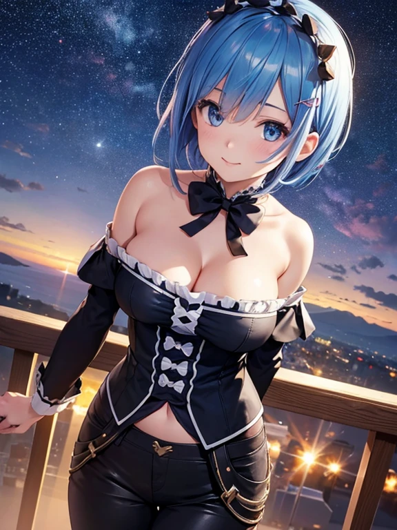 ((highest quality, 8K, masterpiece)),Rem(Re:zero),((Thumbs up(👍️)nice,Good Signs,stick out thumb,Five fingers)),((close one eye,happy smile)), cute beautiful woman with perfect body: 1.4, slim big breasts: 1.2, ((blue hair,short hair, big breasts: 1.2)),smile,happiness,後Light,Light , (small transparent dress, half naked, highly detailed chest, happinessな表情, Are standing: 1.2,mini skirt,cleavage), ((city night view, Balcony Simple: 1.3 Making of a woman)), Highly detailed face and skin texture, fine eyes,