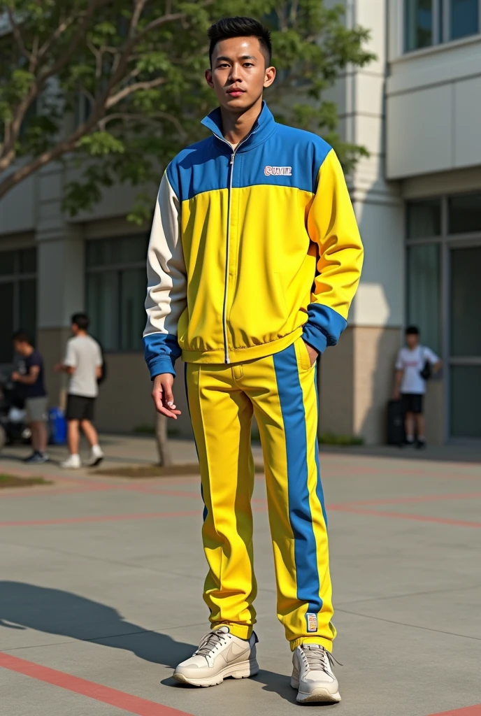 A 13 year old filipino boy wearing a bluebaggy pants with a top of white polo and the top of the polo is a blue short blazer like jacket and plus add with the golden stickers on the whole outfit with a philippine design bow tie