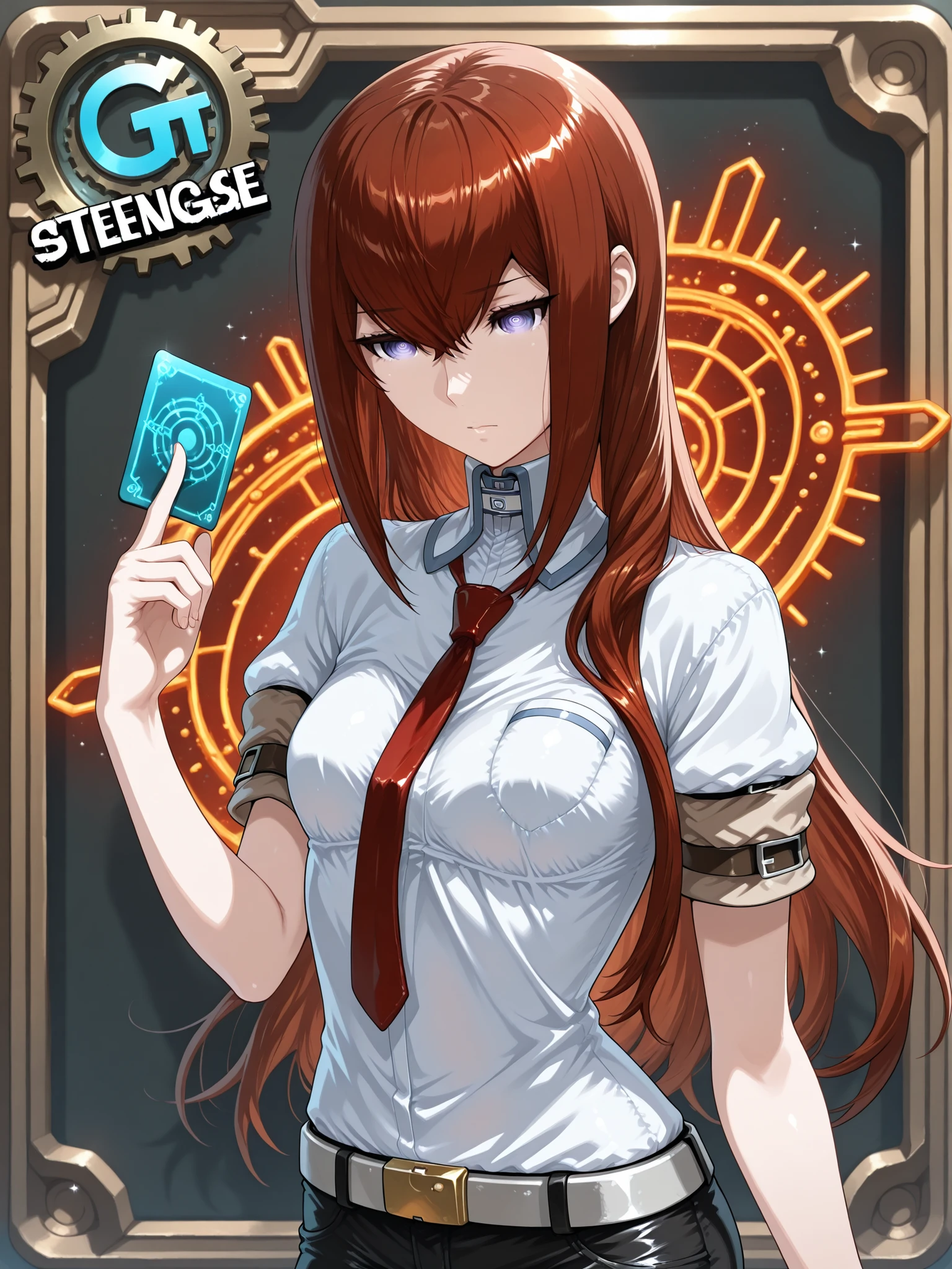 (1girl, Steins Gate _
Makise Kurisu,no jacket), hearthstone_card, glitter processing