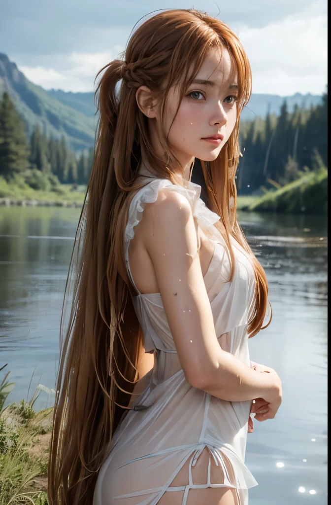 (Raw photo:1.2), (Photorealistic), Beautiful detailed girl, Very detailed eyes and face, Beautiful detailed eyes, Huge file size, High resolution, Very detailed, Best Quality, [masutepiece:1.6], Illustration, Very detailed, Fine detail, Best Quality, 8K Wallpaper, Movie Lighting,15 year old princess from the world of Ghibli, barechested, No top, Show off your nipples, small nipples, Ghibli Forest,Beautiful face,  Ghibli style nipples, ghibli style pants, Ghibli's Worldview, Ghibli-style castle