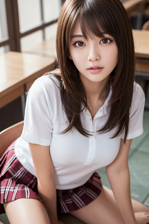 product quality, 1 school girl, front view, a Japanese young pretty girl, big breast, classroom, sitting on the desk, wearing mini skirt, hyper cute face, glossy lips, double eyelids for both eyes, (natural makeup), shiny smooth light brown hair of long hair, asymmetrical bangs, central image, 8K resolution, high detail, detailed hairstyle, detailed face, cinematic lighting, octane rendering, hyper realistic, perfect limbs, perfect anatomy,