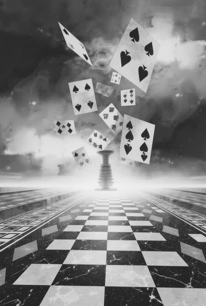 #OP# Picture dozens of playing cards perfect polished,  the cards are flying diagonally in the air like in a cyclone and falling to the ground, they are floating on a polished and reflective black and white marble floor above the ground, #THIS PROMPT IS ORIGINaL G.a.USER#, The checkerboard floor is infinite beyond the horizon on all sides, , stormy gray sky with a tornado on the horizon,  ,  as realistic as possible #OP# 