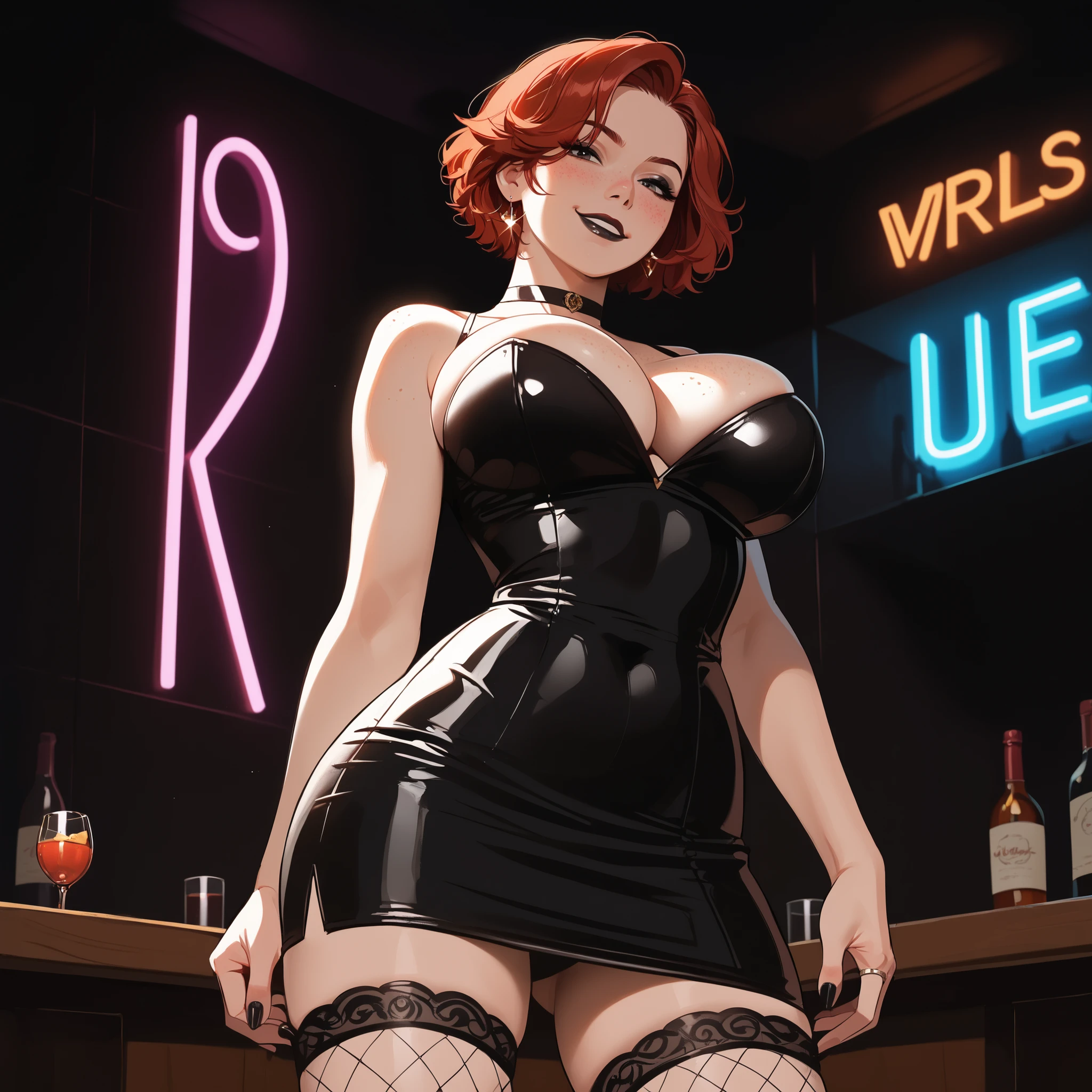 ((fujiwara chika)), ((pink hair)), black ribbon on the head, ((arms behind the head)), ((showing armpits)), long sexy skirt, large breasts, deep neckline, smiling, sexy, (((topless))), 8k, high quality, detailed, realistic, photo-realistic, masterpiece, professional, vibrant colors, cinematic lighting