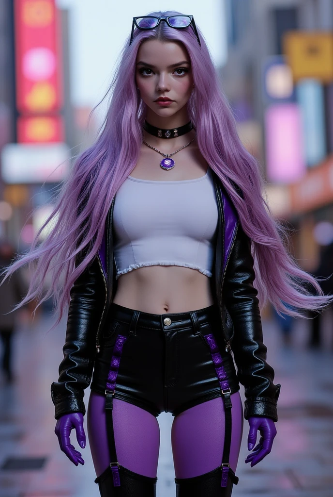 one girl, long light purple lilac hair, realistic green eyes, cleavage, large chest, shiny skin, wearing a shiny black leather jacket, multiple cartilage earrings, plump lips, wearing tiny leather shorts, wearing a medium toned gray lace crop top, wearing very long necklace and a black choker on neck, long black fingernails, multiple rings on fingers, one girl++, at the skate park, soft muscular abs, belly button ring, belly button jewelry, dark eyeliner makeup, half up half down hairstyle, silver jewelry, silver earrings, multiple earrings