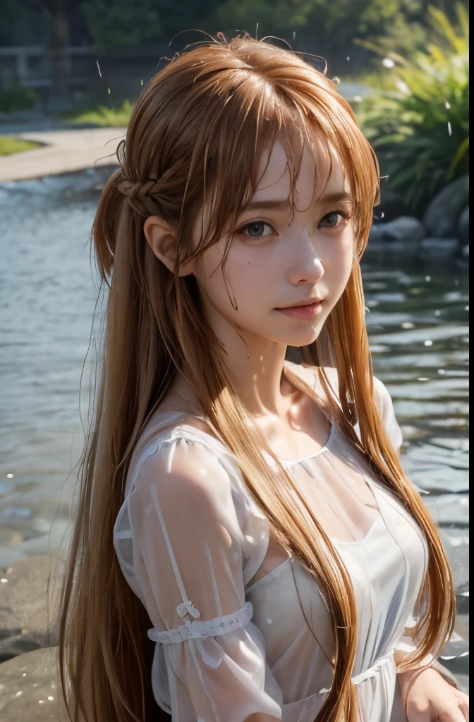masterpiece, best quality, (realistic,photo-realistic:1.4), (RAW photo:1.2), extremely detailed CG unity 8k wallpaper, delicate and beautiful, amazing,finely detail, official art, absurdres, incredibly absurdres, huge filesize, ultra-detailed,extremely detailed eyes and face,light on face,yuuki asuna,(little smile),(caramel hair:1.4),(long hair:1.4),(ponytail:1.3),(night background:1.4),campfire,(wearing sarong:1.4)