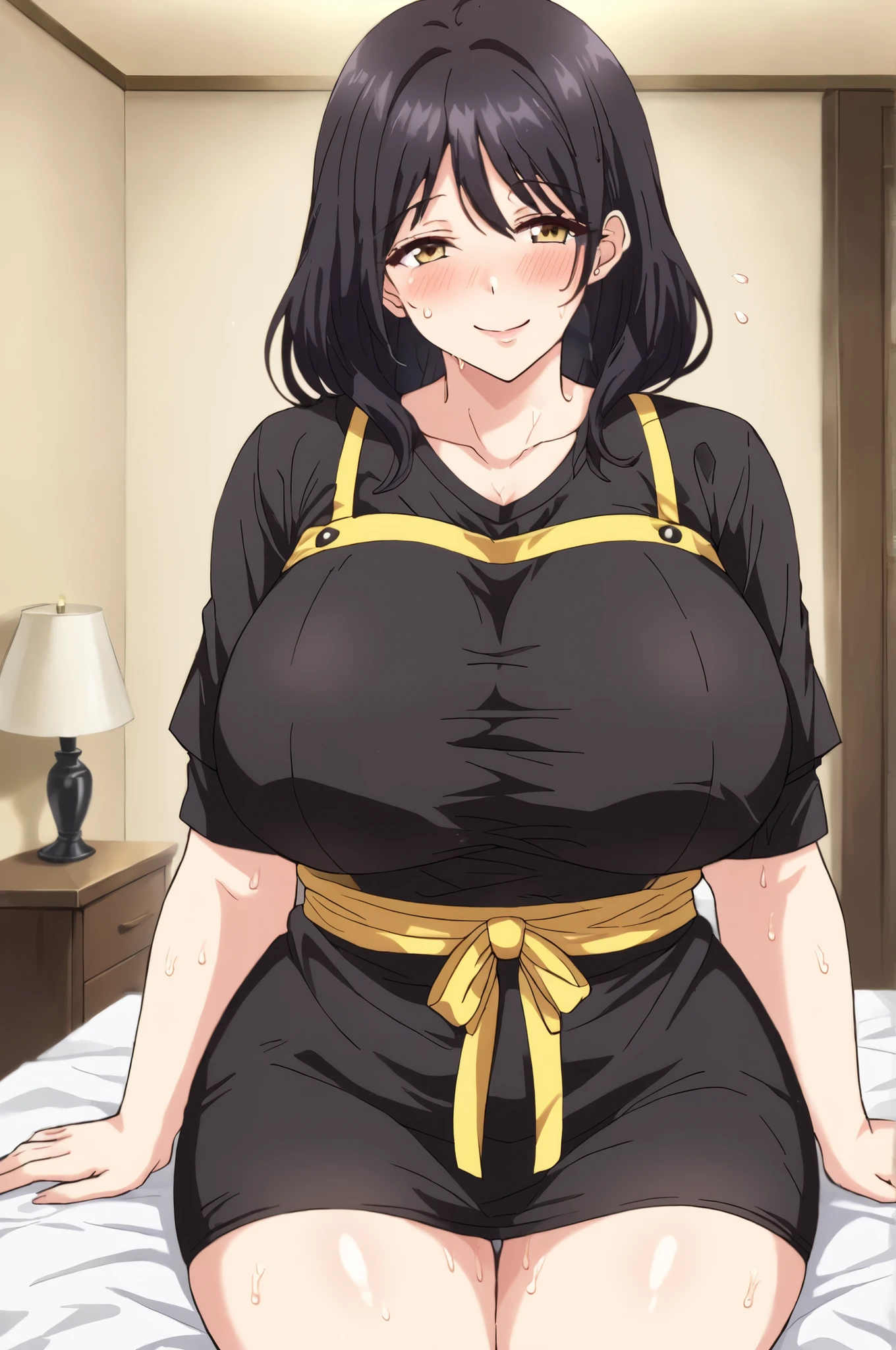 masterpiece, 4k, detailed, clarity, mature woman, Sera's Mother, anime_source, source_anime, Best background, detailed background, anime, Sera's mother, short skirts, blush, clothed woman, mature female, collector, dark hair, Alone , yellow apron, white blouse, pronounced neckline, smile, bare arms, horny, big breasts, caderas anchas, big legs, big butt, trasero regordete, Milf, hentai, ecchi, breasts, sexy, dynamic angle, shy expression, shiny skin, sweat, is in bed, visible panties,