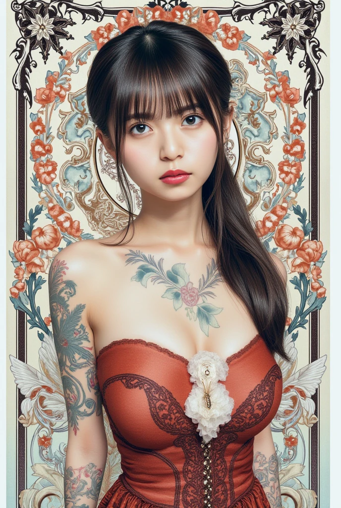 ankymoore, Bottom-up view, 1rapper with short hair with tattoos, white and red  clothes(), graffitti background, (masterpiece), (best quality:1.2), absurdres, intricate details, flowers, leaves, roots