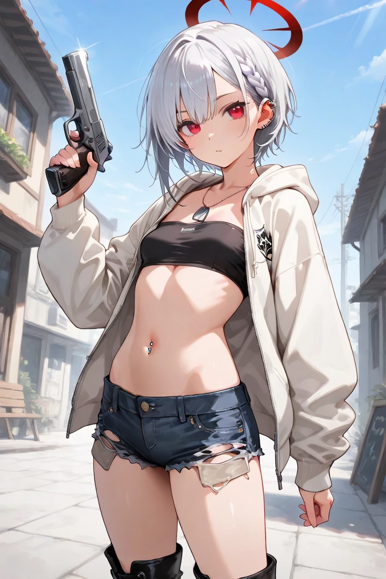 ((masterpiece, highest quality:1.2)),cowboy shot,1woman,20 year old beauty,solo,((very small head)),short hair,messy hair,light blue hair,blue eyes,blunt,((very long and slender body)),toned body,skinny,medium breasts,shiny skin,oily skin,blush,A strong smile,Red leather jacket、 Red tight mini skirt、black tube top bra、black_thighhighs,Bounty Hunter、Holding a handgun in your hand、on street,Big cities、Cyberpunk World、