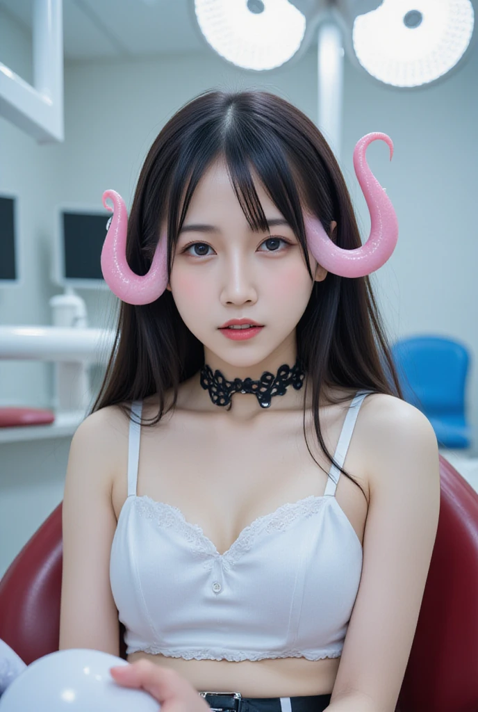 SF, horror、A photo of an alien brainwashing a beautiful Japanese girl while sitting in a dental chair, young Japanese woman being brainwashed、photorealistic、 Pink tentacles attached to the woman's temples, ((Sitting on a dental chair:2)), ((((Brightly lit by white spotlights from a surgical lamp)))), bright laboratory background, black choker、operating、translucent pink tentacles、tentacles adsorbing to temples