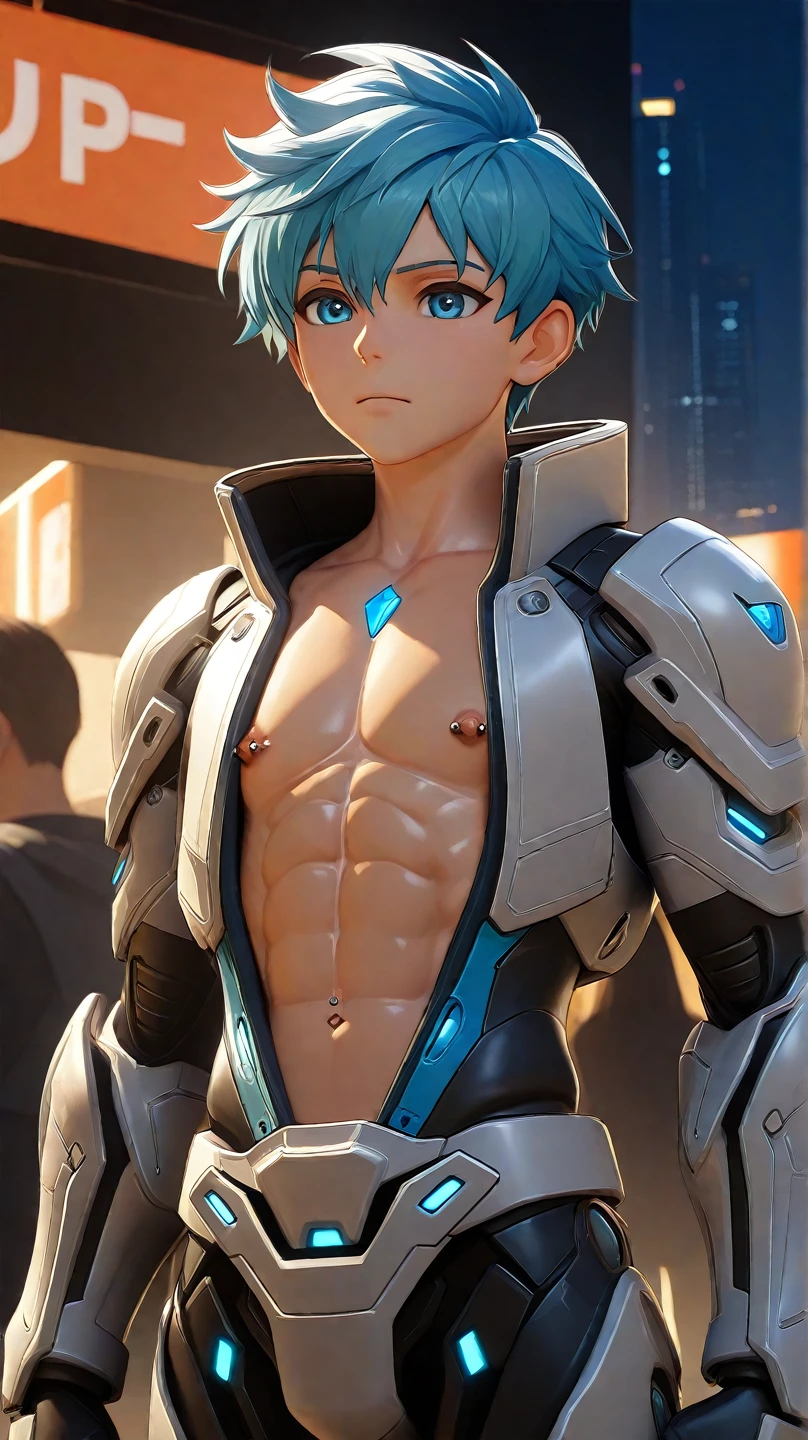 1boy, solo, male focus, transgender male, flat chest, blue hair, blonde hair, purple eyes, two tone hair, depth of field, standing in a spaceship, (fantasy), (lens flare, light leak, prismastic), shiny skin, cg, (sidelighting), (cyberpunk), dynamic angle, (close up)